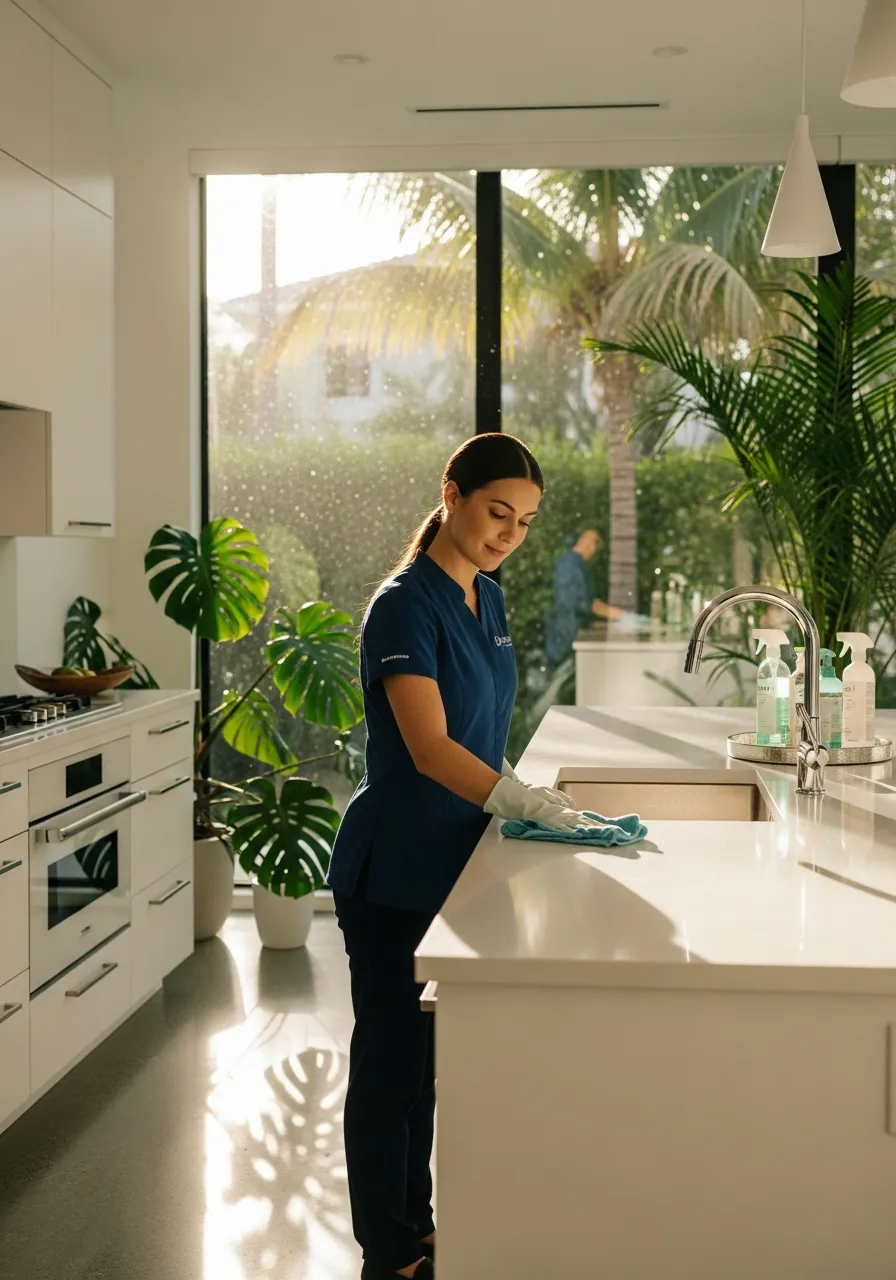 Professional cleaner wiping a pristine kitchen counter in a bright, modern Miami home with natural sunlight
